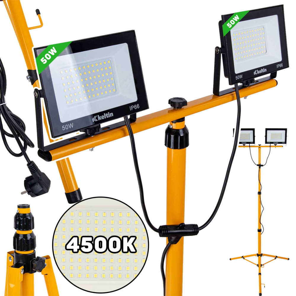 LED reflektor 2x50W s teleskopickým stojanom, studená biela 4500K, KELTIN