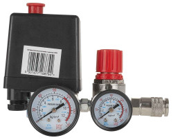 Tlakov� sp�na� na kompresor 0-5 bar, 230V, 1 v�stup 1/4" s 2 manometrami, GEKO